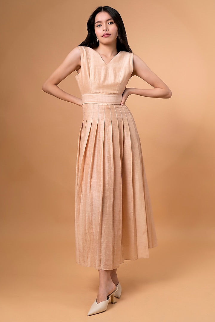 Beige Cotton Linen Pleated Maxi Dress by TheRealB at Pernia's Pop Up Shop