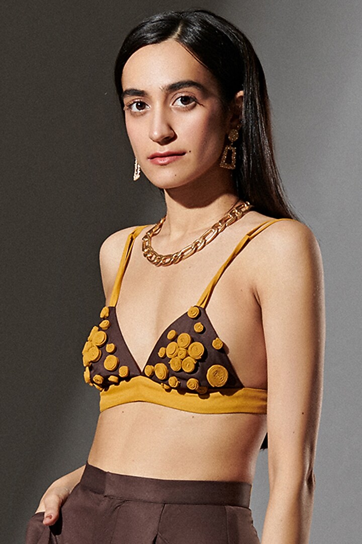 Yellow & Brown Embellished Bralette by TheRealB at Pernia's Pop Up Shop