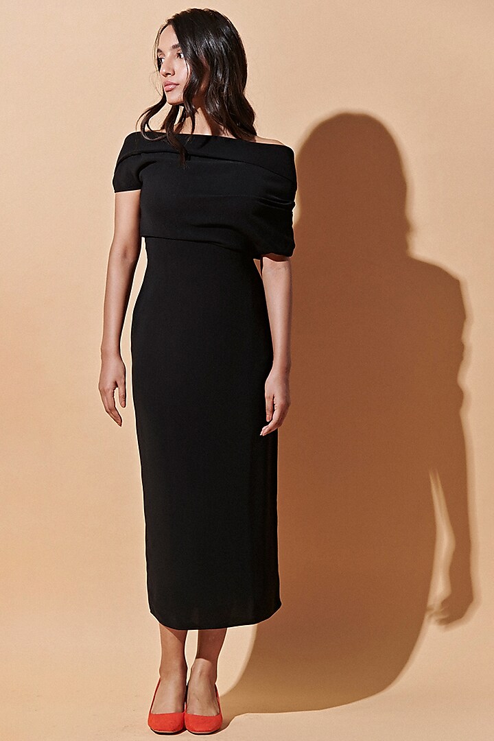 Black Viscose Off-Shoulder Midi Dress by TheRealB