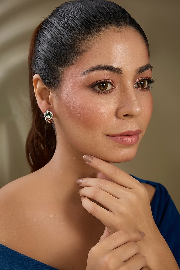 Rose Gold Finish Green Synthetic Stone Stud Earrings by TRETA BY BR DESIGNS at Pernia's Pop Up Shop