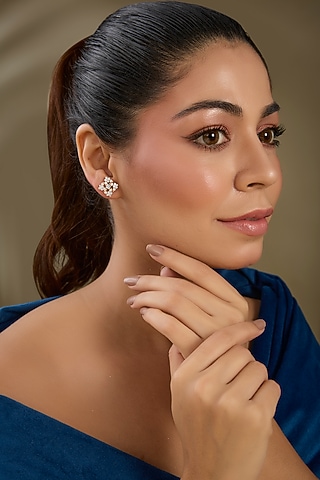 Gold Finish Zircon Stud Earrings In Sterling Silver by TRETA BY BR DESIGNS