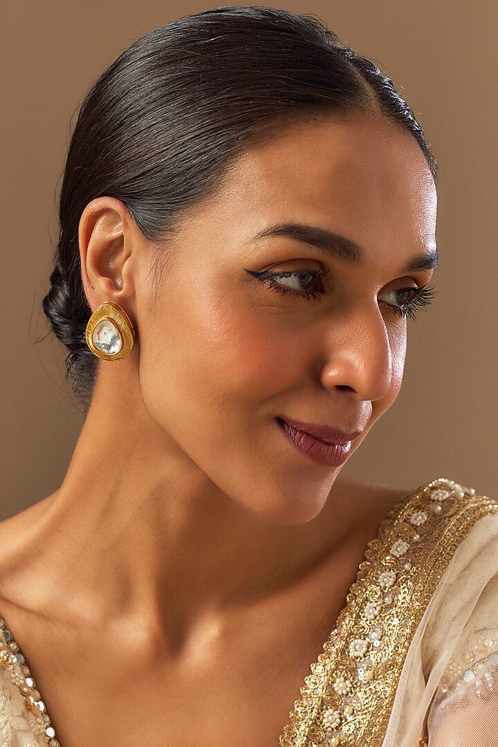 Gold Finish Moissanite Polki Stud Earrings In Sterling Silver by TRETA BY BR DESIGNS at Pernia's Pop Up Shop