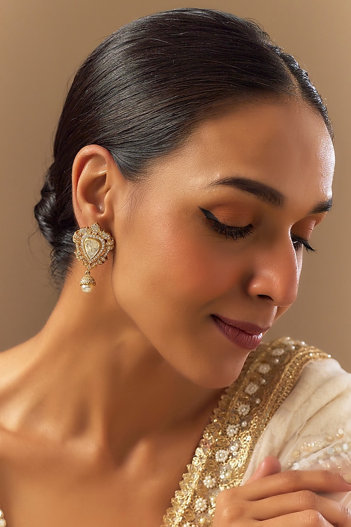 Gold Finish Moissanite Polki Dangler Earrings In Sterling Silver by TRETA BY BR DESIGNS at Pernia's Pop Up Shop