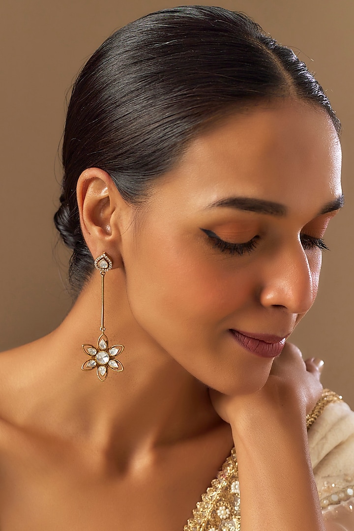 Gold Finish Moissanite Polki Dangler Earrings In Sterling Silver by TRETA BY BR DESIGNS at Pernia's Pop Up Shop