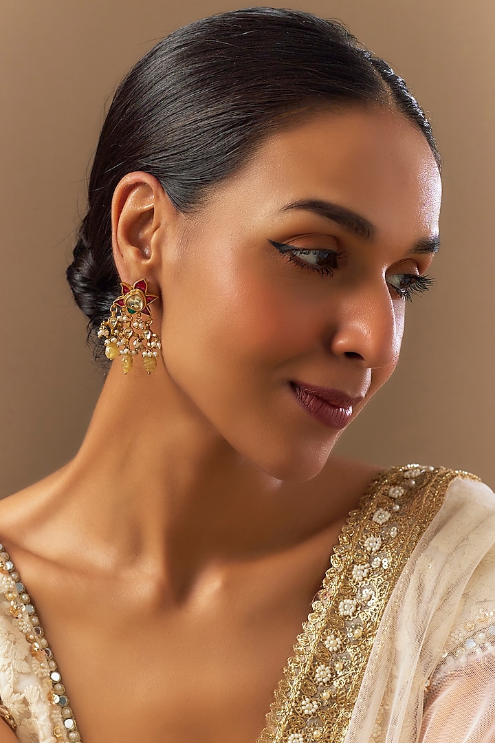 Gold Finish Yellow Moissanite Polki Dangler Earrings In Sterling Silver by TRETA BY BR DESIGNS at Pernia's Pop Up Shop