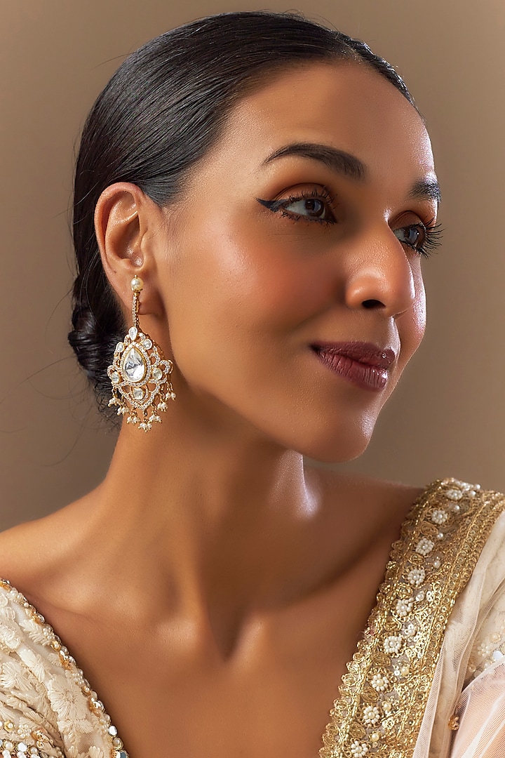 Gold Finish Moissanite Polki Dangler Earrings In Sterling Silver by TRETA BY BR DESIGNS at Pernia's Pop Up Shop