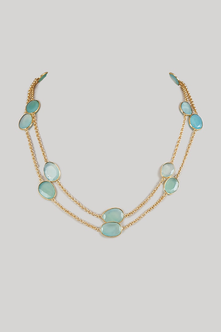 Gold Finish Aqua Onyx Handcrafted Long Necklace by TRETA BY BR DESIGNS at Pernia's Pop Up Shop