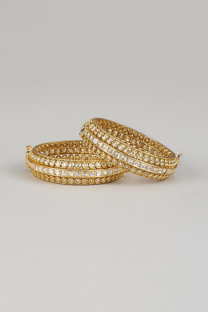 Gold Finish Kundan Polki Handcrafted Openable Bangles (Set Of 2) by TRETA BY BR DESIGNS at Pernia's Pop Up Shop