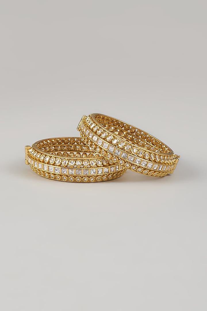 Gold Finish Kundan Polki Handcrafted Openable Bangles (Set Of 2) by TRETA BY BR DESIGNS at Pernia's Pop Up Shop