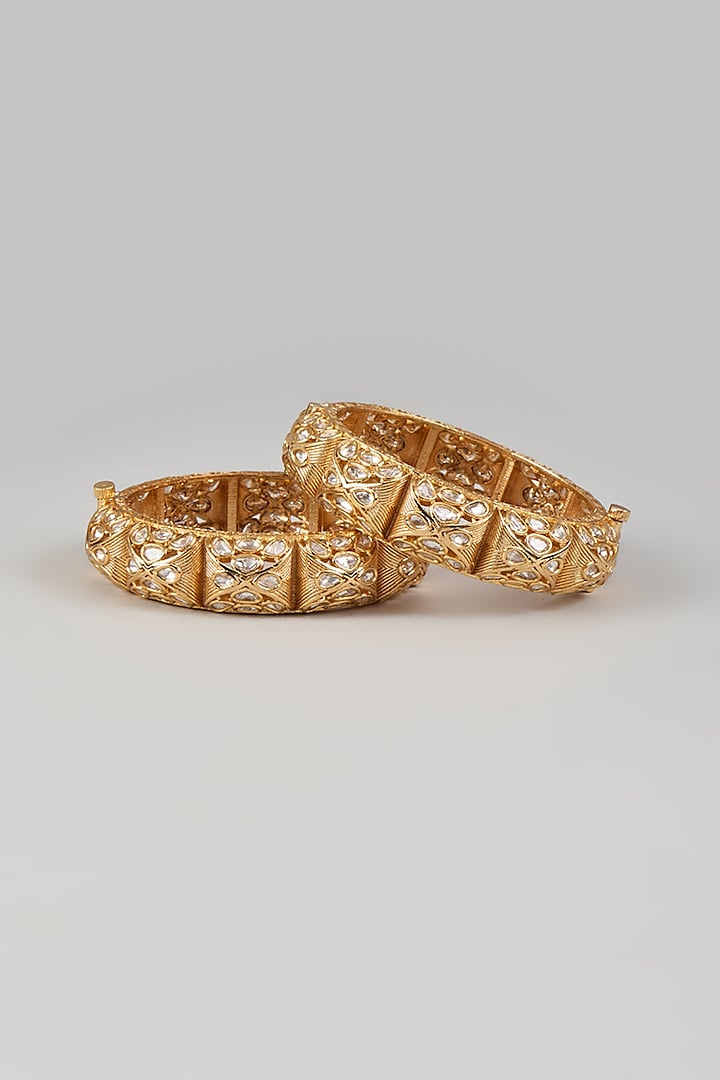 Gold Finish Kundan Polki Handcrafted Openable Bangles (Set Of 2) by TRETA BY BR DESIGNS at Pernia's Pop Up Shop