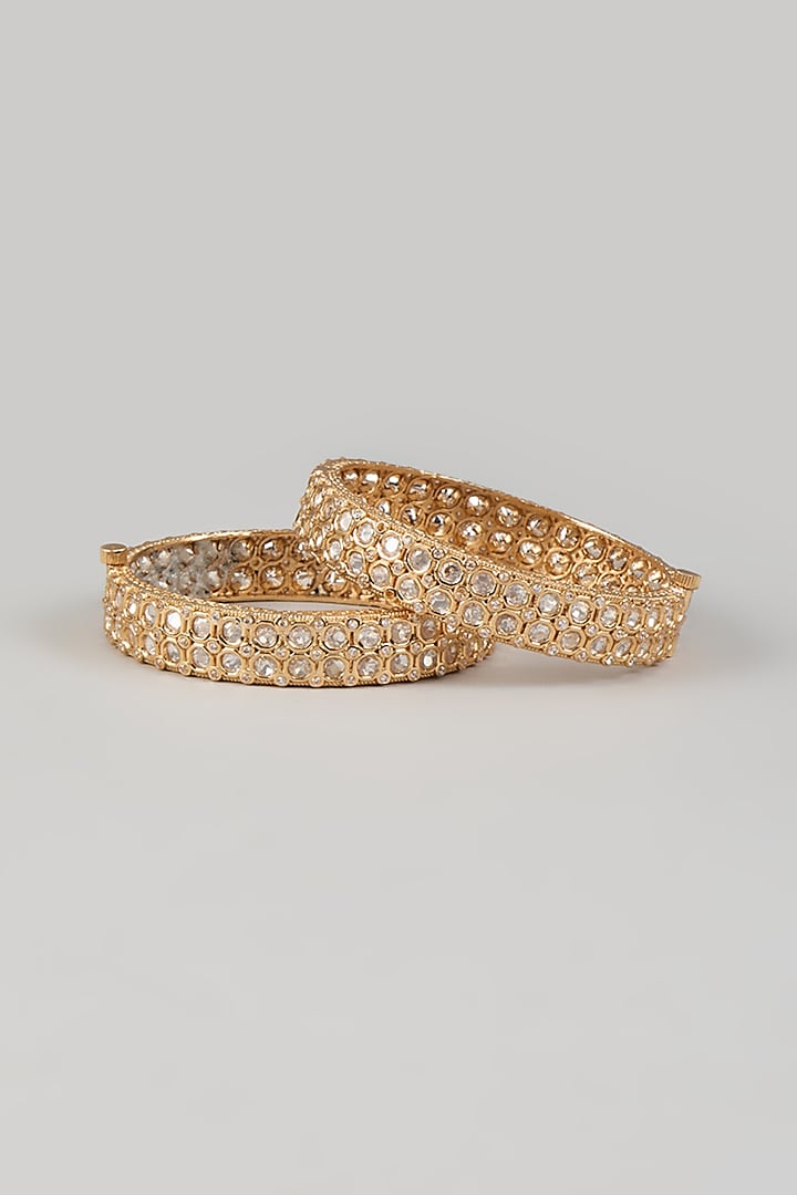 Gold Finish Kundan Polki Handcrafted Openable Bangles (Set Of 2) by TRETA BY BR DESIGNS at Pernia's Pop Up Shop