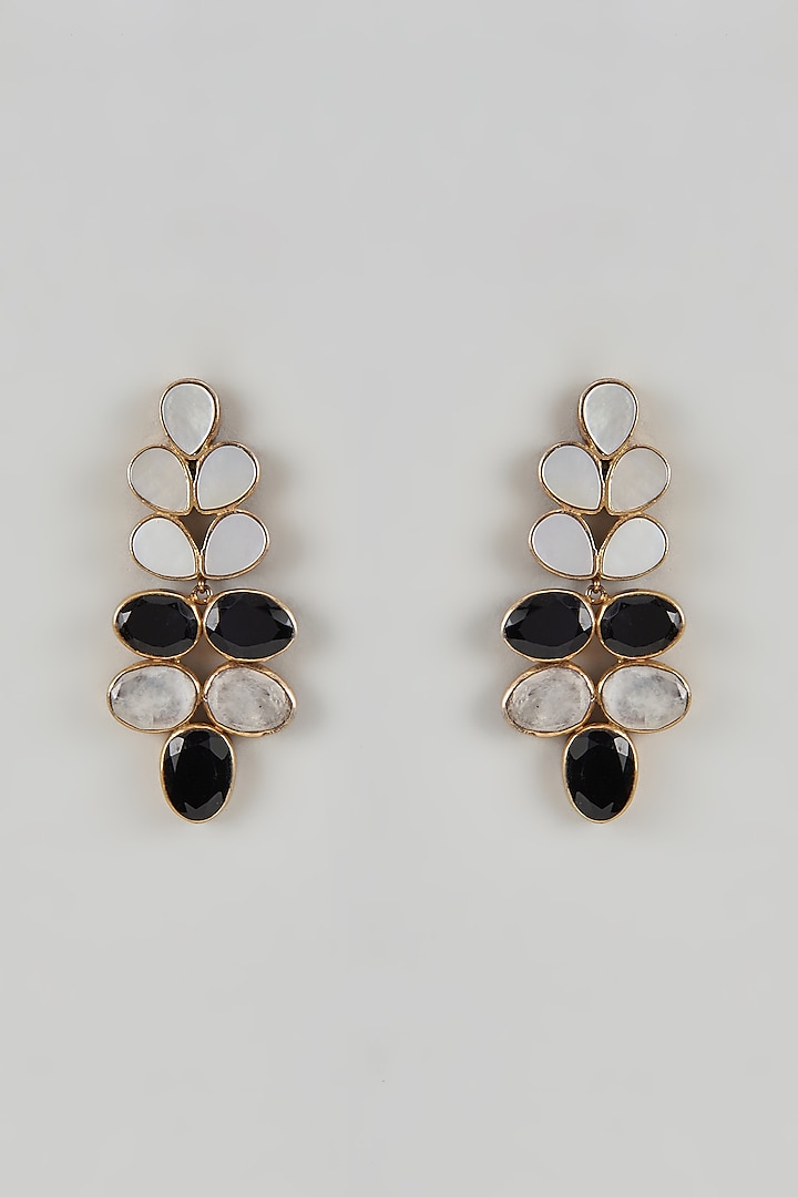 Gold Finish Black & White Onyx Handcrafted Dangler Earrings by TRETA BY BR DESIGNS at Pernia's Pop Up Shop