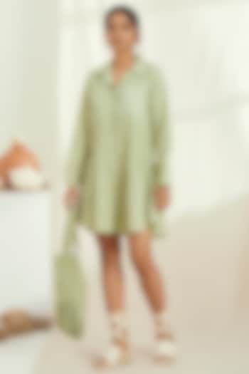 Green Linen Embroidered Summer Shirt Dress by The Right Cut at Pernia's Pop Up Shop
