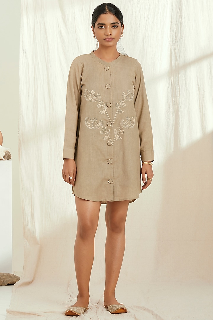 Beige Linen Embroidered Shirt Dress by The Right Cut