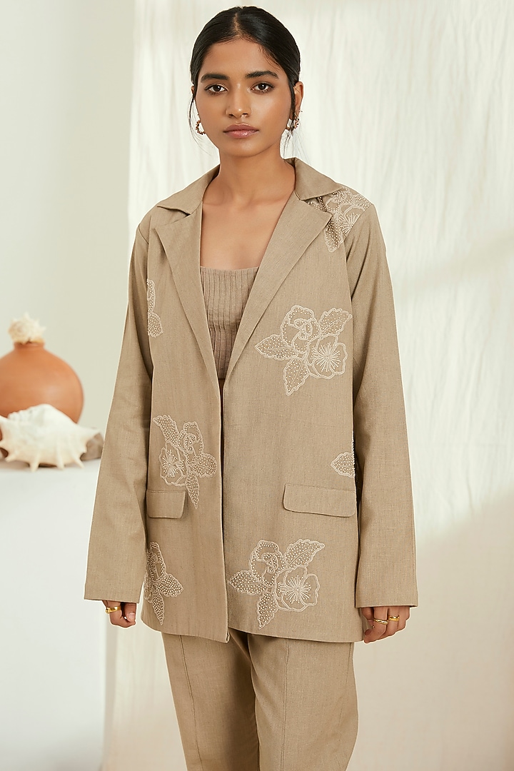 Beige Linen Blazer by The Right Cut at Pernia's Pop Up Shop
