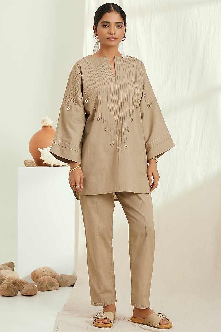 Beige Linen Embroidered Kurta Set by The Right Cut