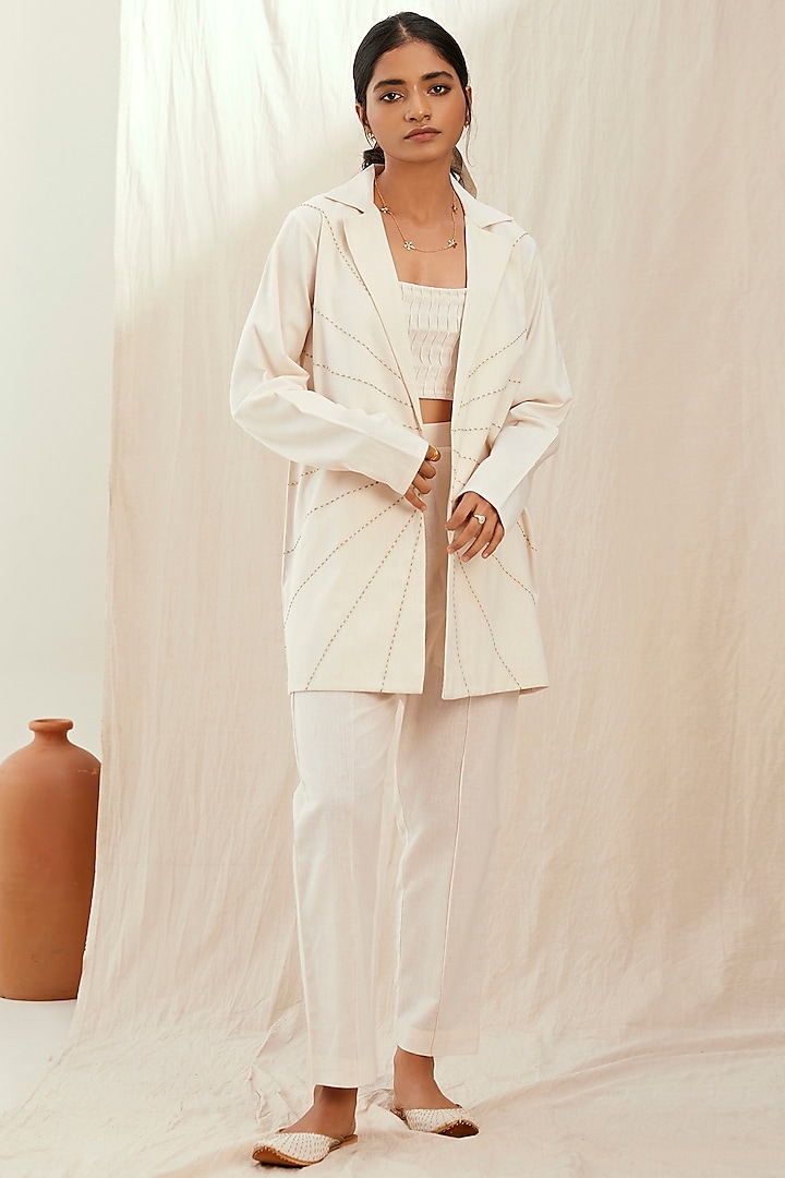 Oat Milk Linen Embroidered Blazer Set by The Right Cut