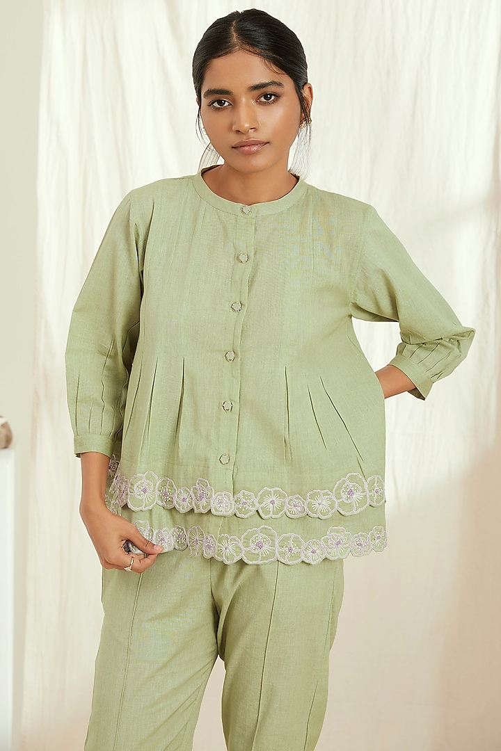 Green Linen Embroidered Top by The Right Cut