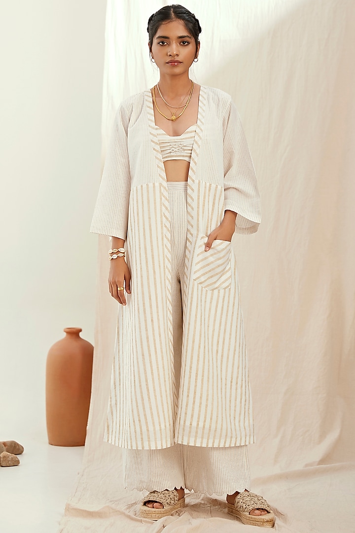 White Cotton Striped Jacket Set by The Right Cut