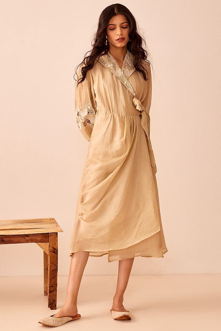 Beige Chanderi Silk Wrapped Dress by The Right Cut at Pernia's Pop Up Shop