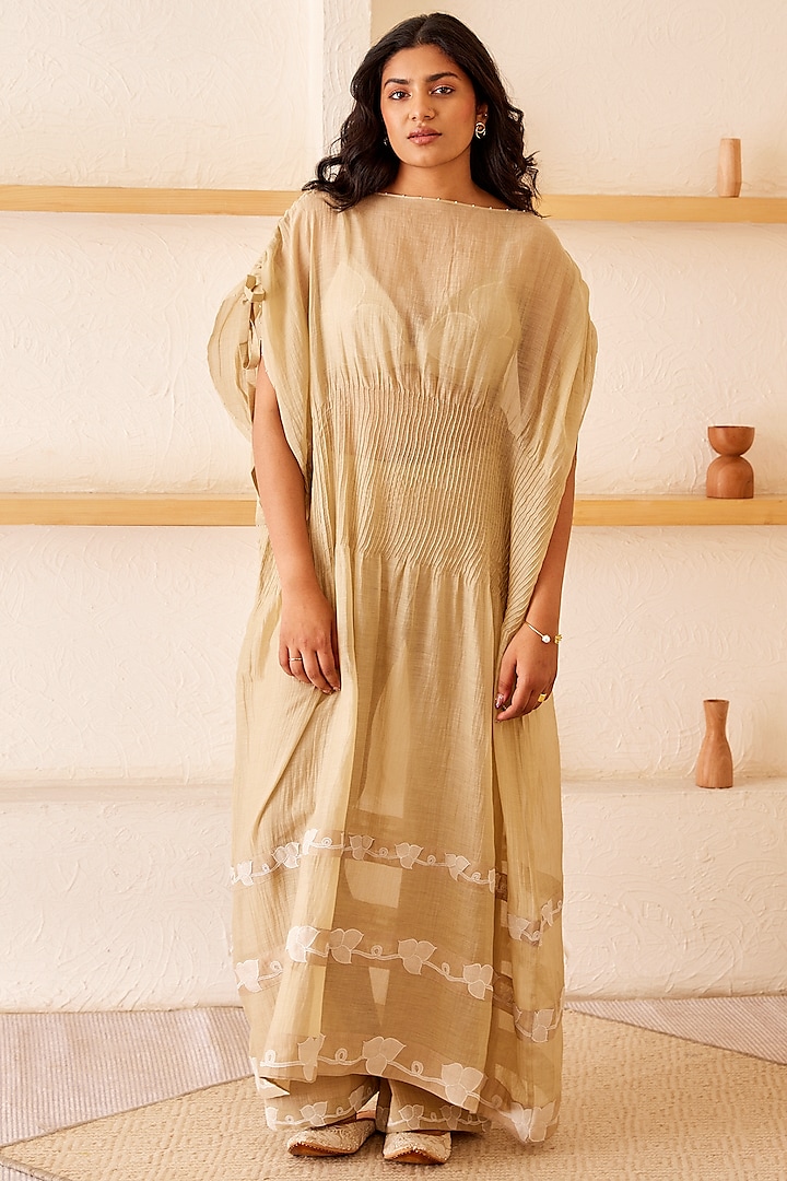 Beige Hand Embroidered Kaftan by The Right Cut