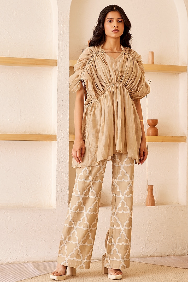 Beige Chanderi Pleated Top by The Right Cut