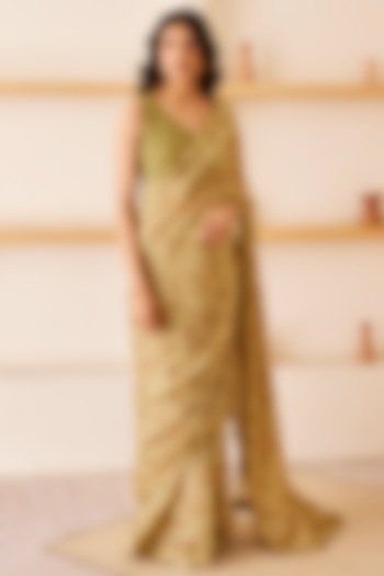 Green Printed Saree Set by The Right Cut