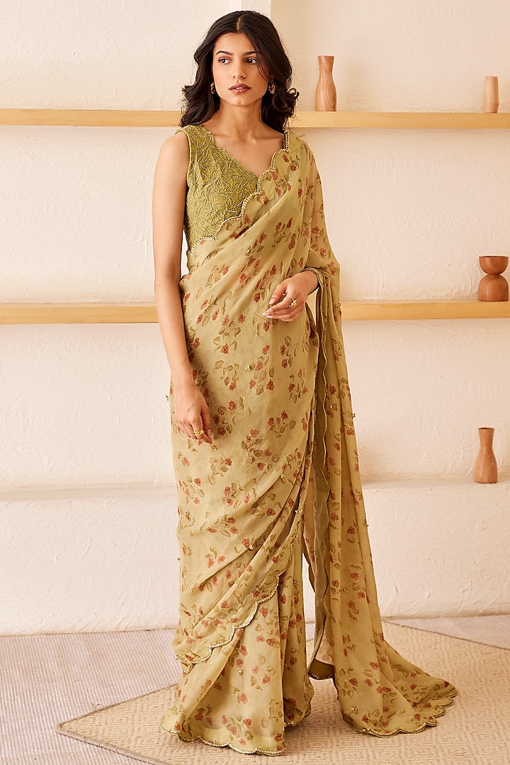 Green Printed Saree Set by The Right Cut