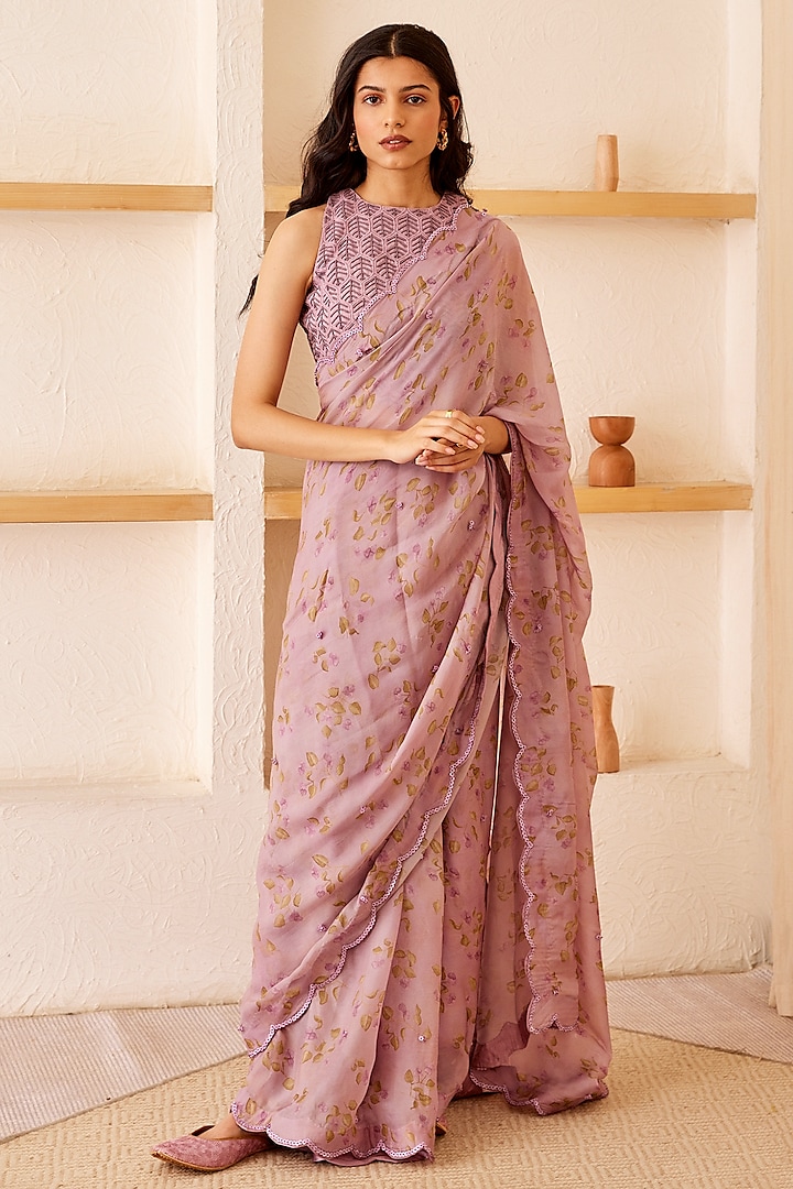 Lavender Printed & Embellished Saree Set by The Right Cut