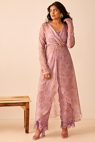 Lavender Silk Printed Jacket Set by The Right Cut