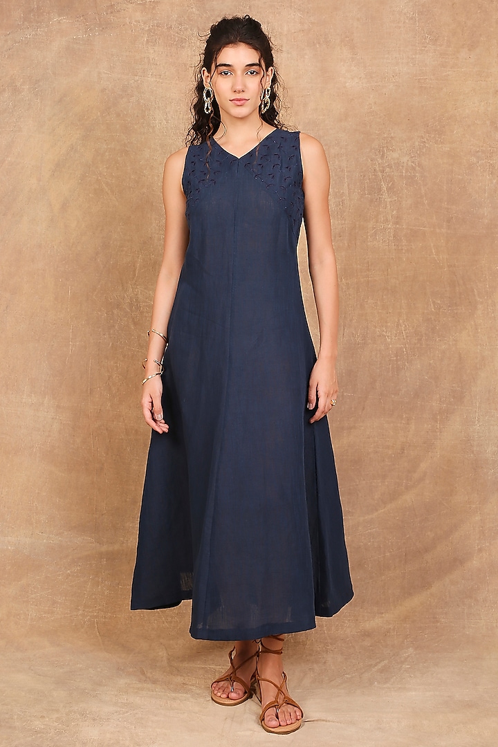 Indigo Linen Cutwork Maxi Dress by The Right Cut at Pernia's Pop Up Shop