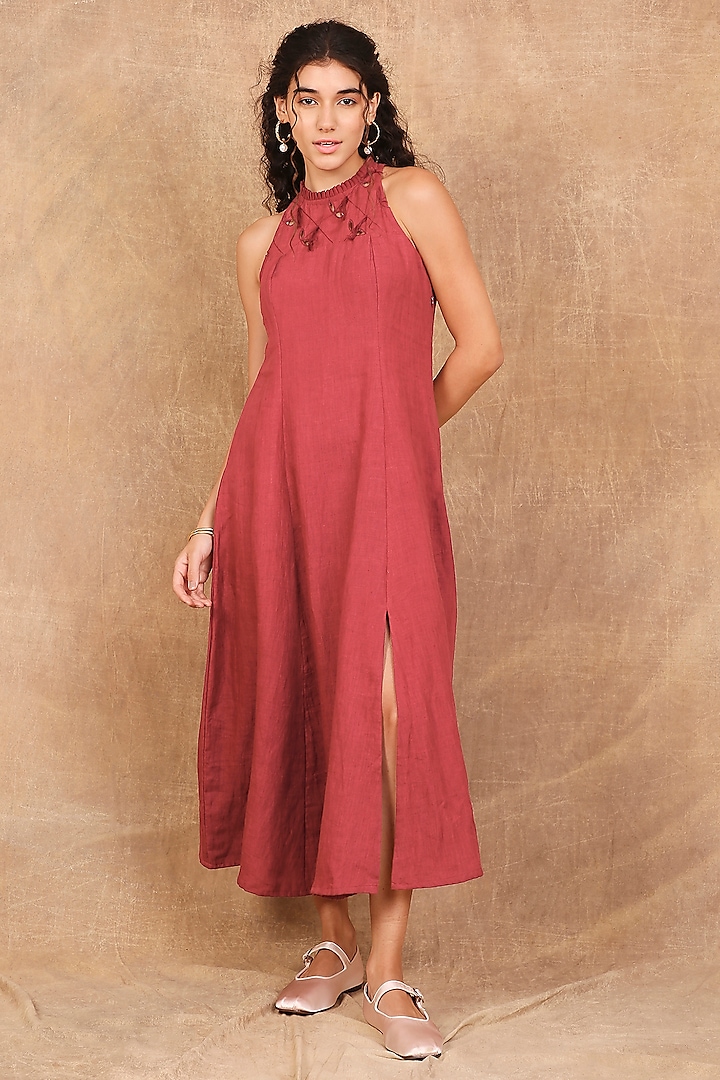 Earthy Red Linen Cutwork Maxi Dress by The Right Cut at Pernia's Pop Up Shop