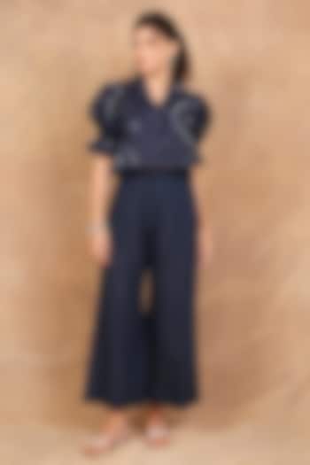 Indigo Linen Floral Embroidered Co-Ord Set by The Right Cut at Pernia's Pop Up Shop