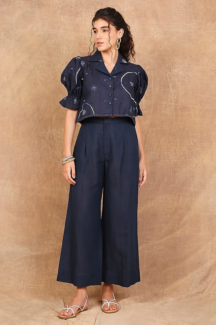 Indigo Linen Floral Embroidered Co-Ord Set by The Right Cut at Pernia's Pop Up Shop