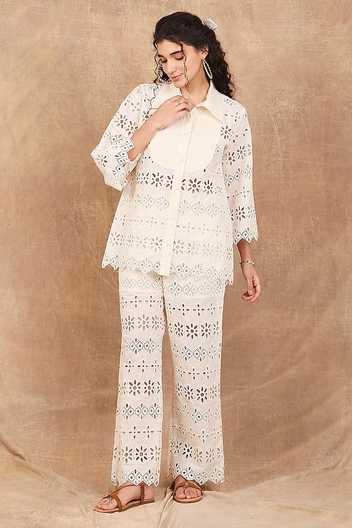 Ivory Cotton Lace Embroidered Co-Ord Set by The Right Cut at Pernia's Pop Up Shop