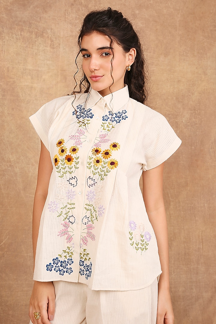 Ivory Handloom Organic Cotton Floral Embroidered Co-Ord Set by The Right Cut at Pernia's Pop Up Shop