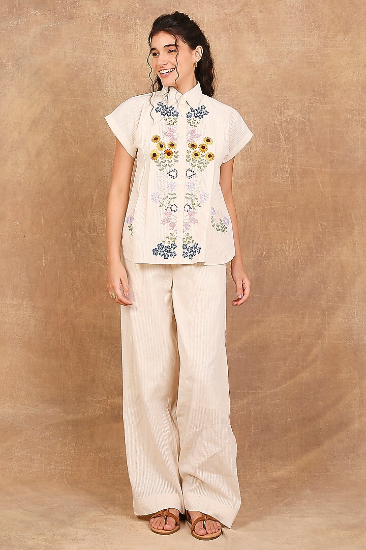 Ivory Handloom Organic Cotton Floral Embroidered Co-Ord Set by The Right Cut at Pernia's Pop Up Shop