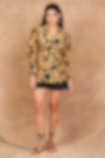 Black & Mustard Linen Silk Abstract Floral Printed Jacket by The Right Cut at Pernia's Pop Up Shop