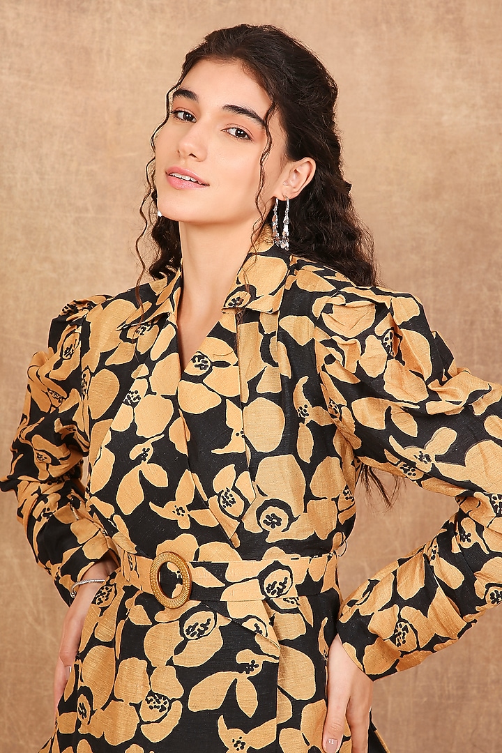 Black & Mustard Linen Silk Abstract Floral Printed Jacket by The Right Cut at Pernia's Pop Up Shop