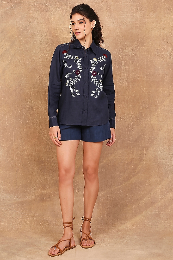 Indigo Linen Floral Embroidered Shirt by The Right Cut at Pernia's Pop Up Shop