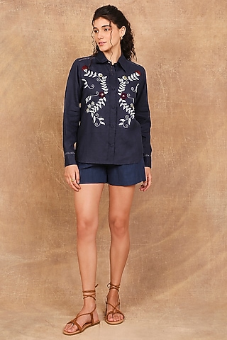 Indigo Linen Floral Embroidered Shirt by The Right Cut