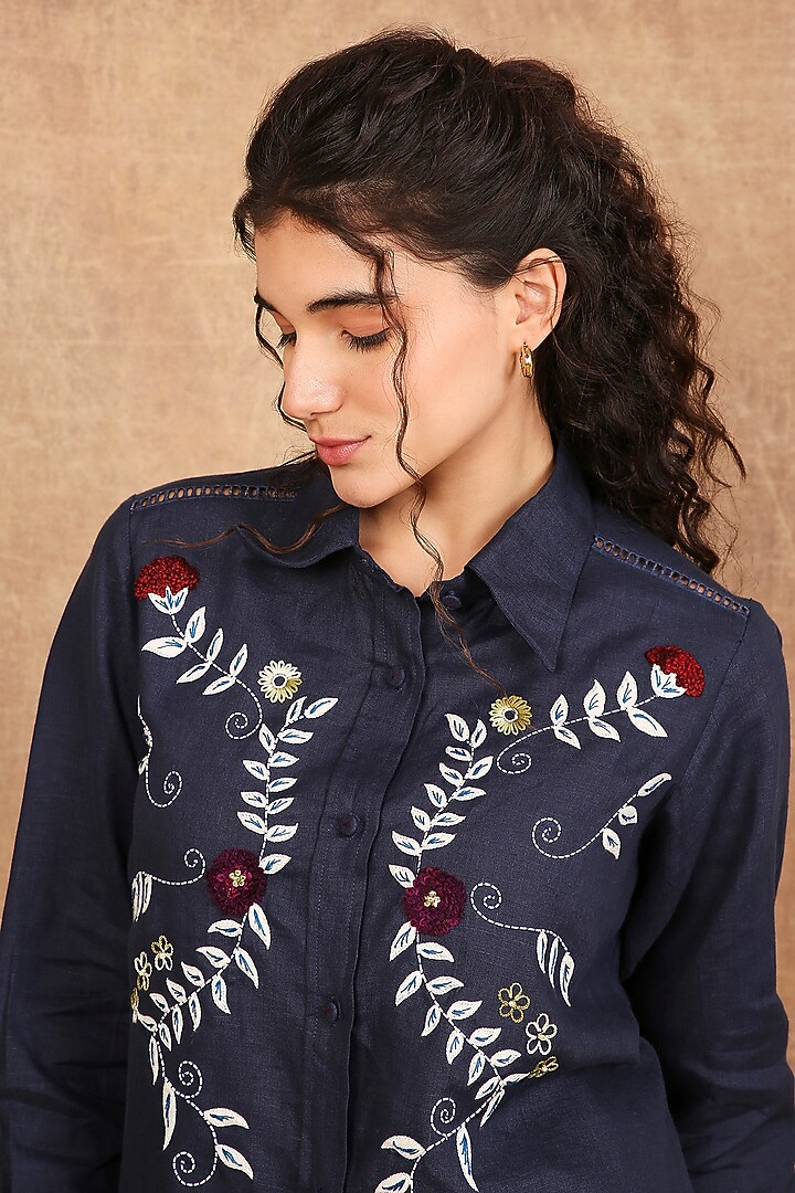 Indigo Linen Floral Embroidered Shirt by The Right Cut at Pernia's Pop Up Shop