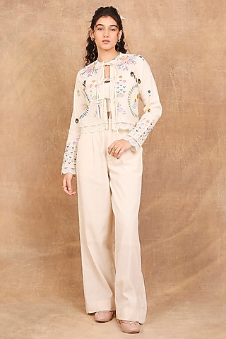 Ivory Handloom Organic Cotton Floral Embroidered Co-Ord Set by The Right Cut