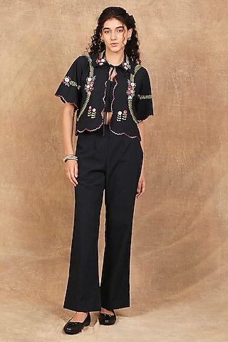 Charcoal Black Organic Cotton Floral Embroidered Co-Ord Set by The Right Cut