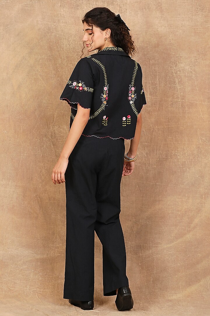 Charcoal Black Organic Cotton Floral Embroidered Co-Ord Set by The Right Cut at Pernia's Pop Up Shop