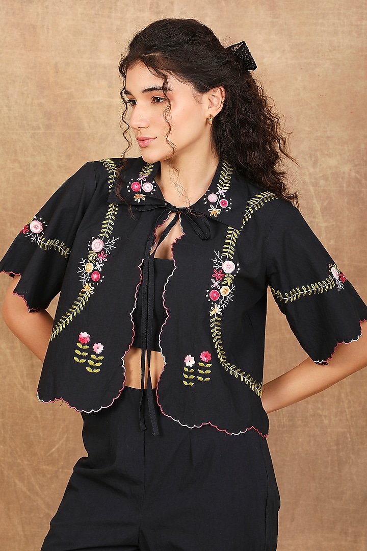Charcoal Black Organic Cotton Floral Embroidered Co-Ord Set by The Right Cut at Pernia's Pop Up Shop