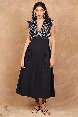 Charcoal Black Organic Cotton Floral Embroidered Maxi Dress by The Right Cut