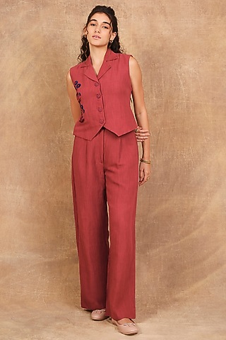 Earthy Red Linen Floral Embroidered Co-Ord Set by The Right Cut