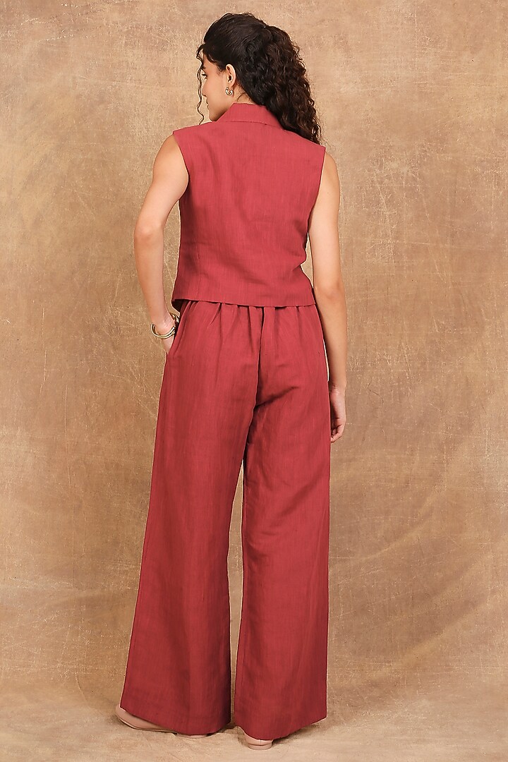 Earthy Red Linen Floral Embroidered Co-Ord Set by The Right Cut at Pernia's Pop Up Shop