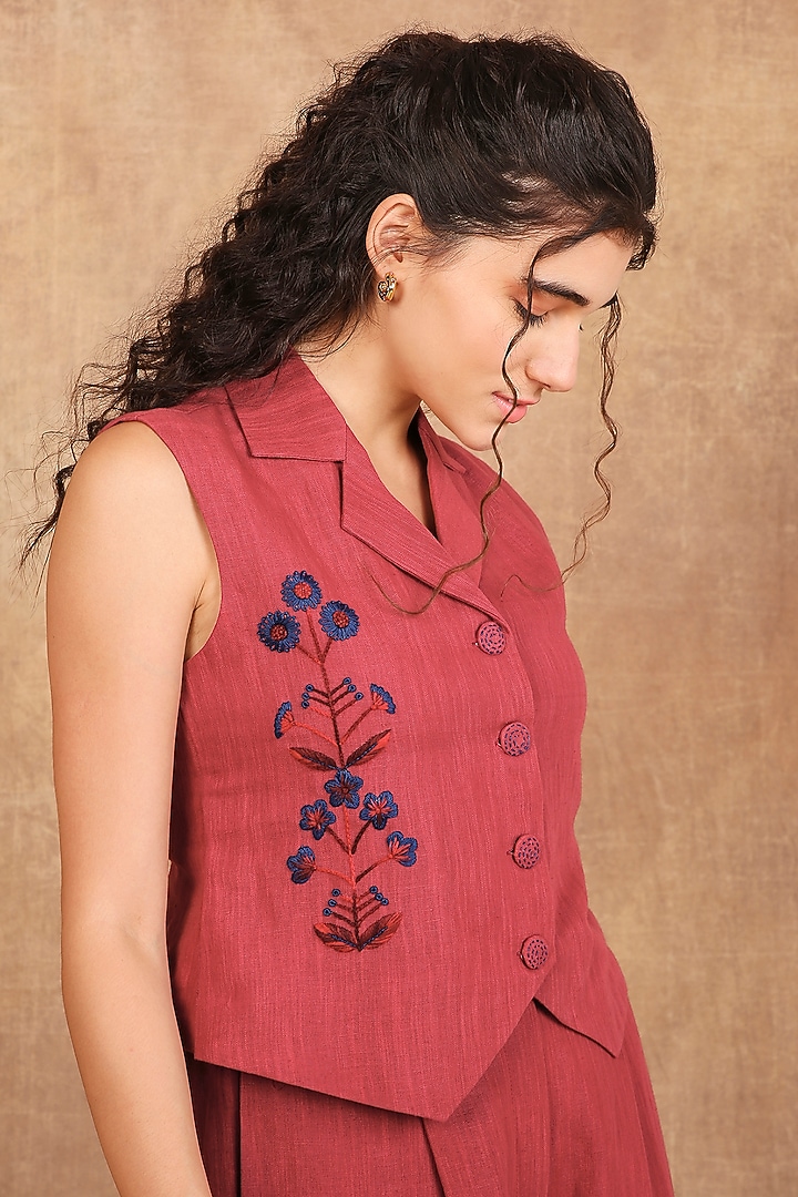 Earthy Red Linen Floral Embroidered Co-Ord Set by The Right Cut at Pernia's Pop Up Shop